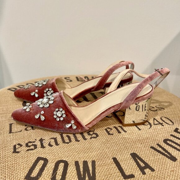Forever 21 Pink Velvet Pointed Faux Gem Rhinestone Studded Ankle strap Sandals - Picture 10 of 10